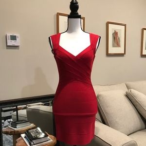 Herve Leger Lipstick Red Cap-Sleeve Bandage Dress